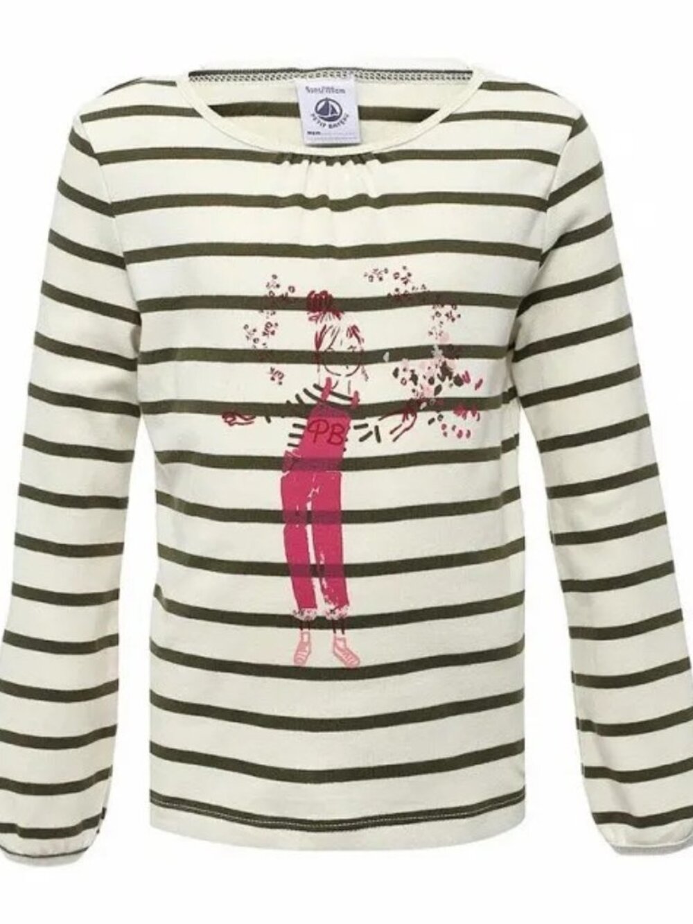 Petit Bateau Cream and Black Striped Long Sleeve Tee with Whimsical Pink Graphic